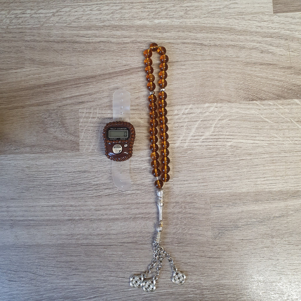 Brown islamic tasbeeh misbaha prayer beads with digital tasbeeh